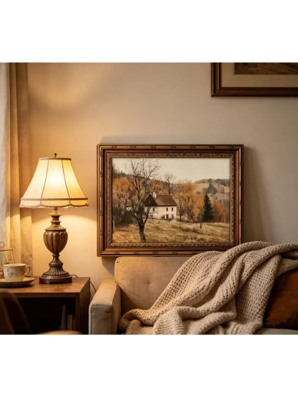 Rustic Vintage Gold Framed Autumn Wall Art - Farmhouse Landscape Canvas Print
